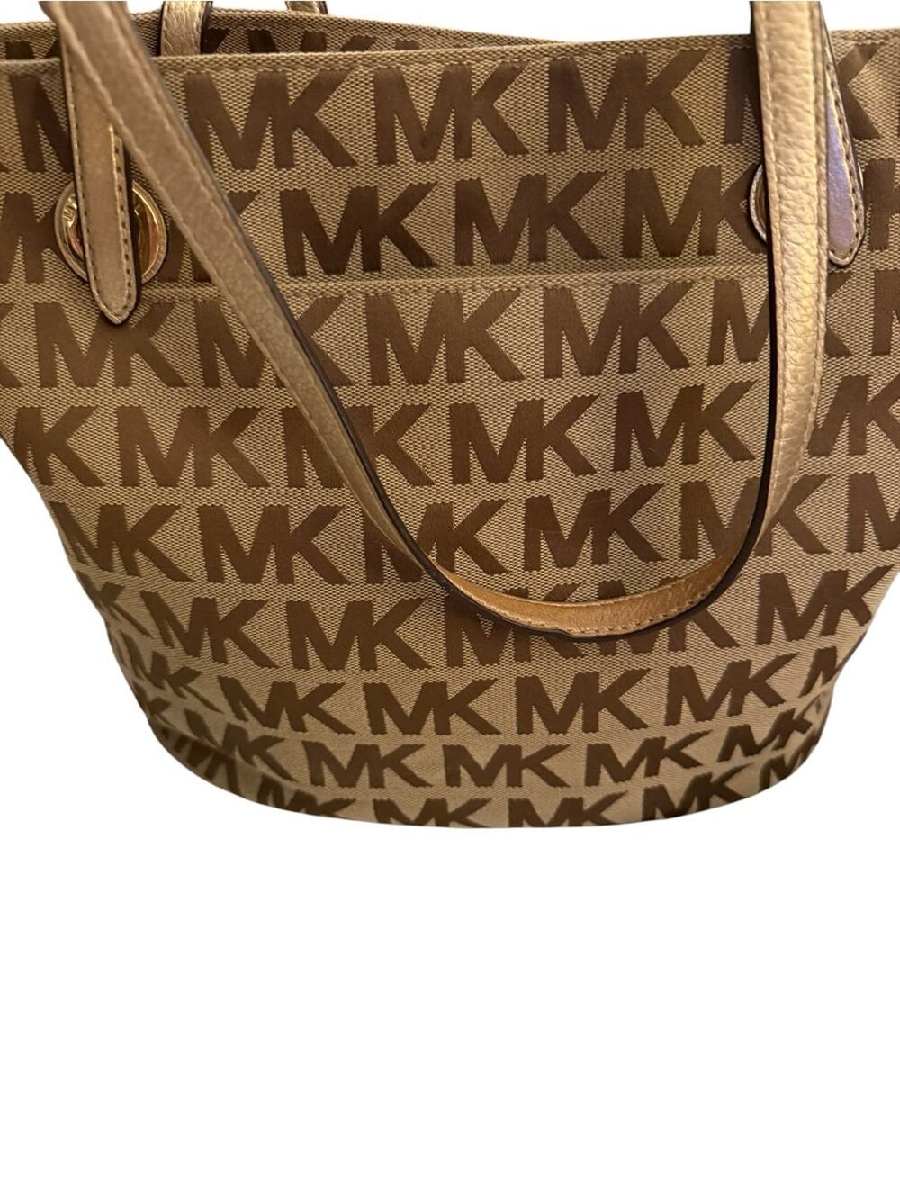 Michael Kors Jet Set Tote Signature MK Logo Canvas Gold Straps Fair Condition